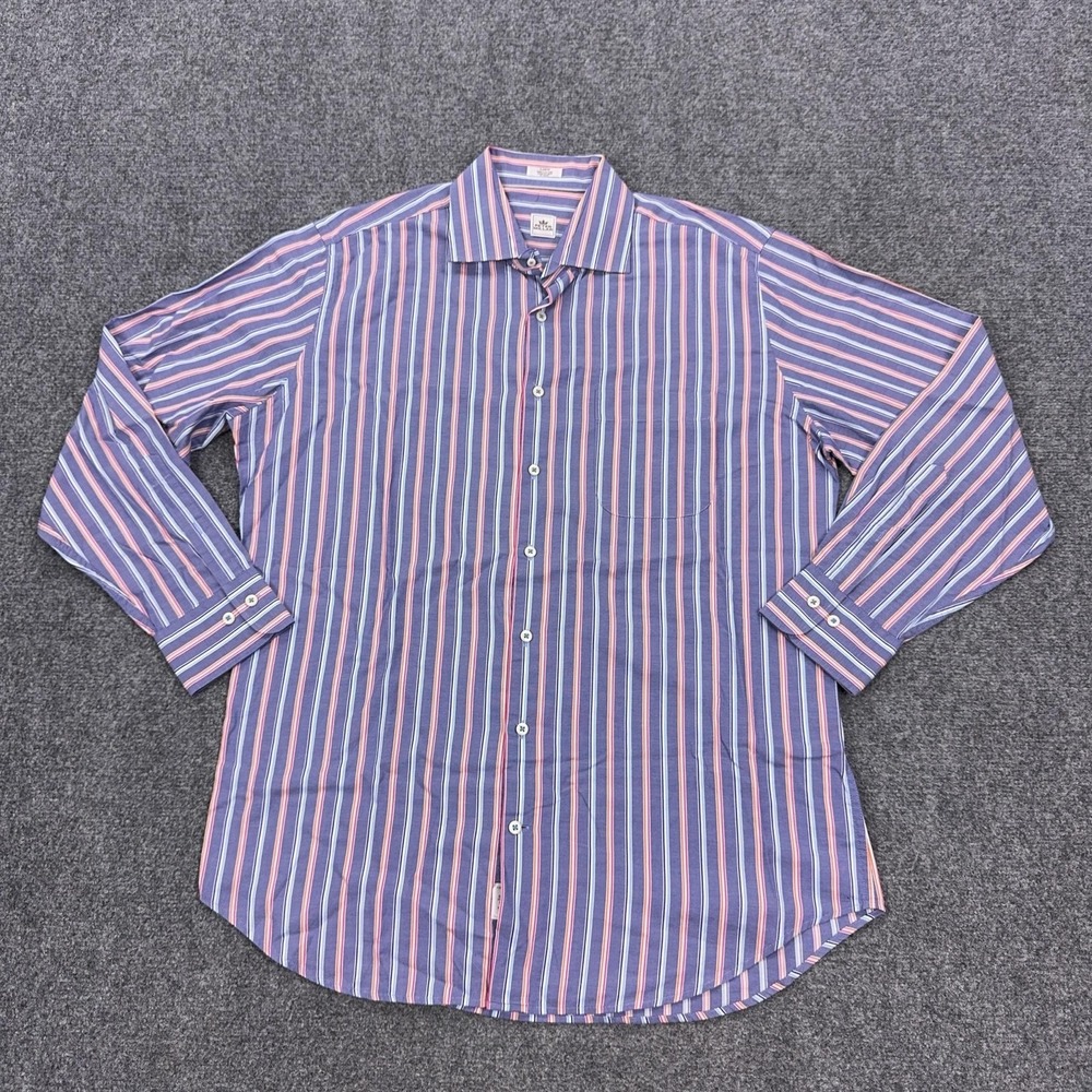 Peter Millar Dress Shirt Mens Large Blue Stripe Regular Fit Long Sleeve Cotton